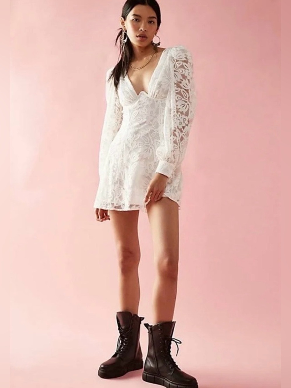 NWT For Love & Lemons White Floral Lace Nadine Mini Dress Size Small